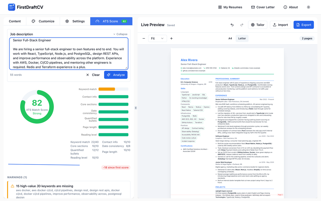 ATS panel showing an 82 match score against a pasted job description, with category breakdowns