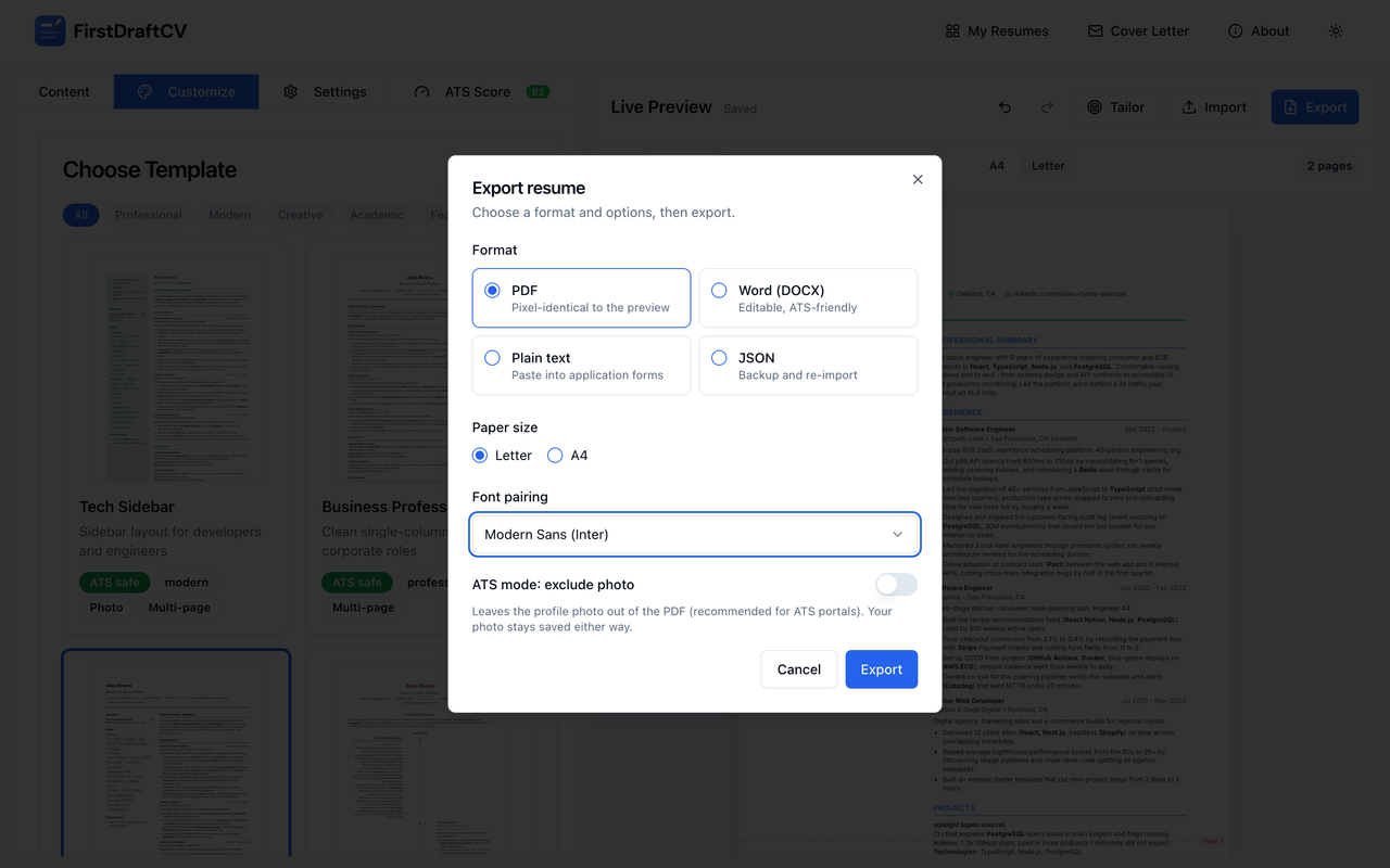 Export dialog with PDF, Word, plain text, and JSON format options