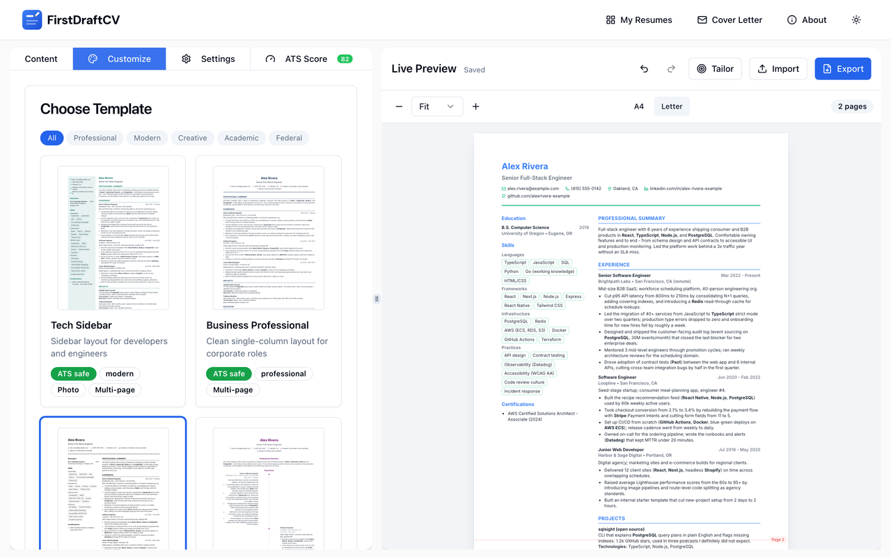 Template gallery showing the resume rendered live in multiple designs