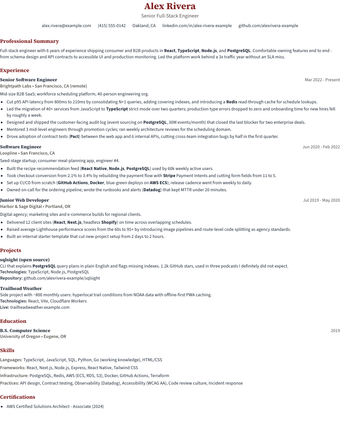 Academic CV resume template rendered with sample content