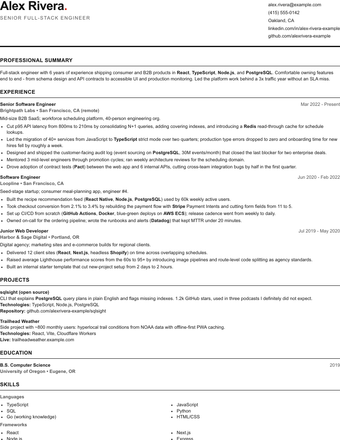 Meridian resume template rendered with sample content