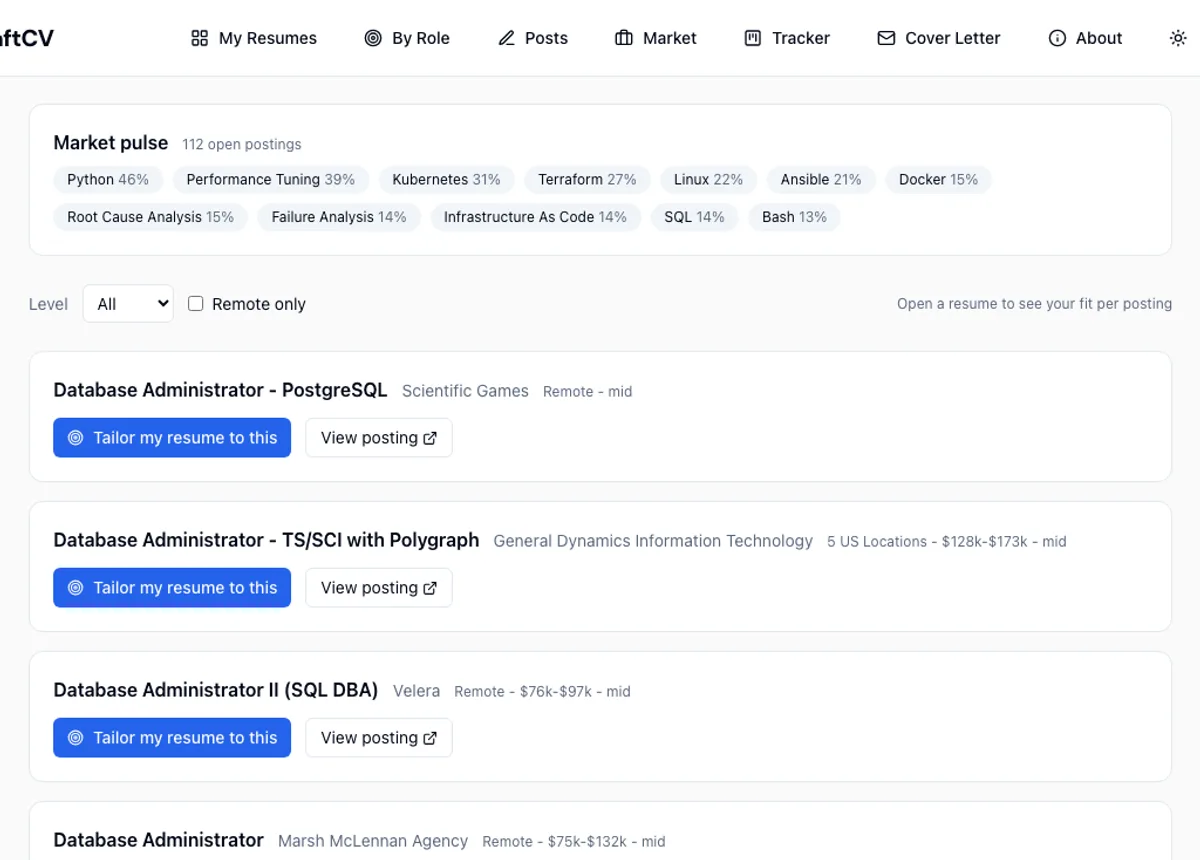 The live job market page: current demand percentages and real postings with per-posting skill match